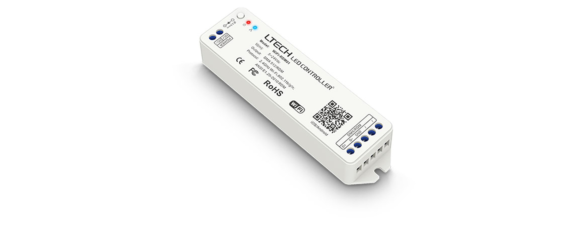RDM Wi-Fi master Controller, 2.4GHz Wi-Fi , 802.11b/g/n/ANSI E1.20-2010 RDM, 5-24Vdc O/P, DMX 512/RDM O/P, IP20. WIFI-RDM01  LTECH DMX Controller